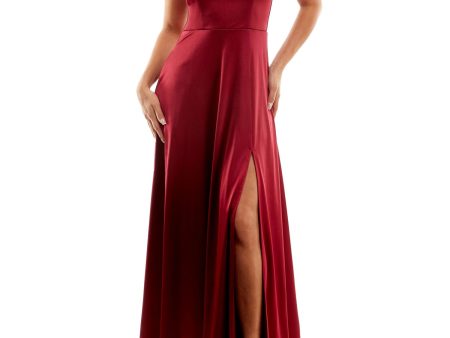 CITY STUDIO Womens Burgundy Slitted Spaghetti Strap Full-Length Formal Fit + Flare Dress Hot on Sale