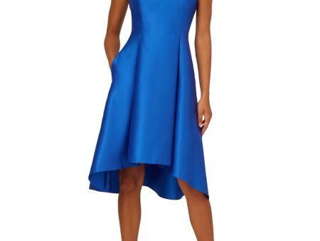 ADRIANNA PAPELL Womens Blue Embellished Pocketed Pleated Skirt Hi-lo Hem Lined Sleeveless Halter Below The Knee Formal Fit + Flare Dress For Discount