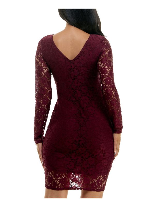 BEBE Womens Burgundy Ruched Tie Lined Pullover Long Sleeve Round Neck Above The Knee Party Body Con Dress Online