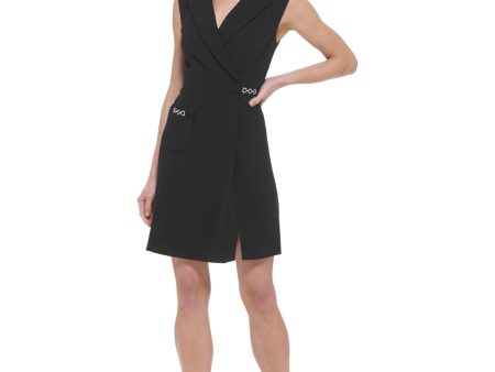 DKNY Womens Black Zippered Pocketed Notch Collar Hardware Accents Sleeveless Surplice Neckline Short Cocktail Faux Wrap Dress Cheap