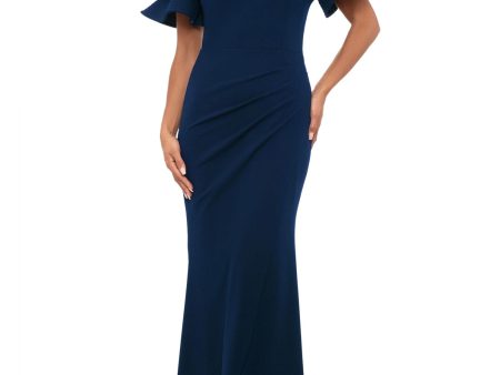 XSCAPE Womens Navy Pleated Zippered Tiered Ruffle Sleeves Lined Off Shoulder Full-Length Evening Sheath Dress Sale