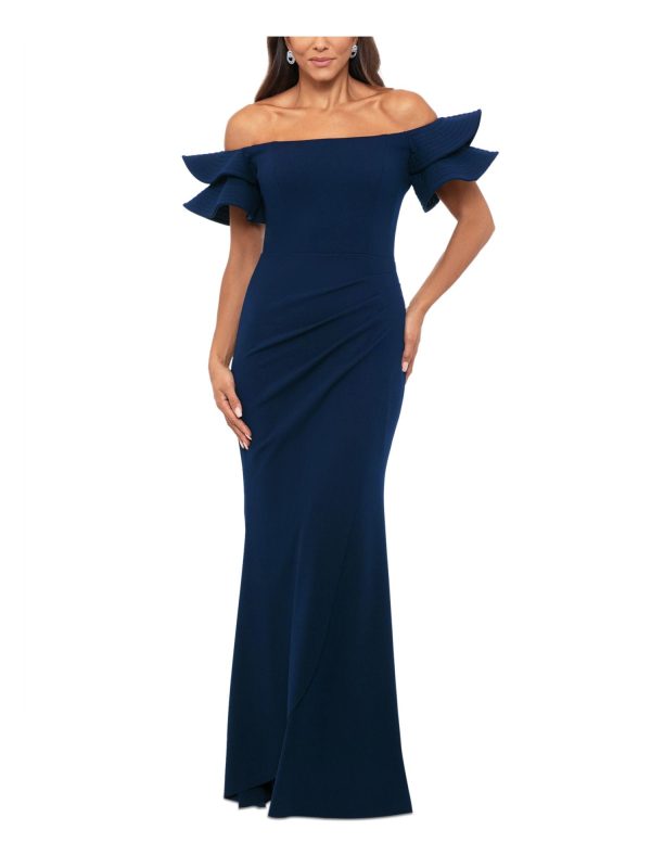 XSCAPE Womens Navy Pleated Zippered Tiered Ruffle Sleeves Lined Off Shoulder Full-Length Evening Sheath Dress Sale