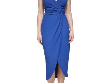 GUESS Womens Blue Lined Gathered O-ring Tulip Hem Sleeveless Surplice Neckline Tea-Length Cocktail Sheath Dress Online Sale