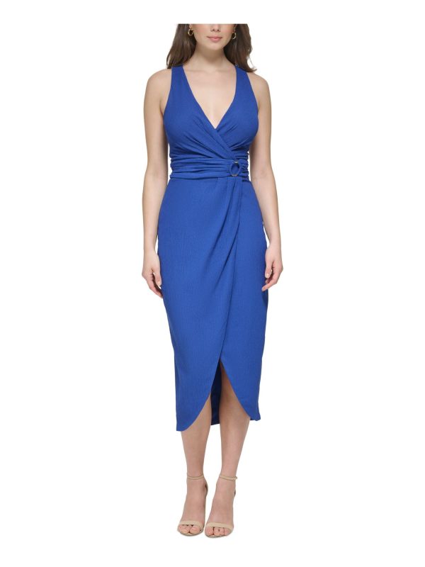 GUESS Womens Blue Lined Gathered O-ring Tulip Hem Sleeveless Surplice Neckline Tea-Length Cocktail Sheath Dress Online Sale