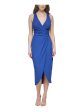 GUESS Womens Blue Lined Gathered O-ring Tulip Hem Sleeveless Surplice Neckline Tea-Length Cocktail Sheath Dress Online Sale