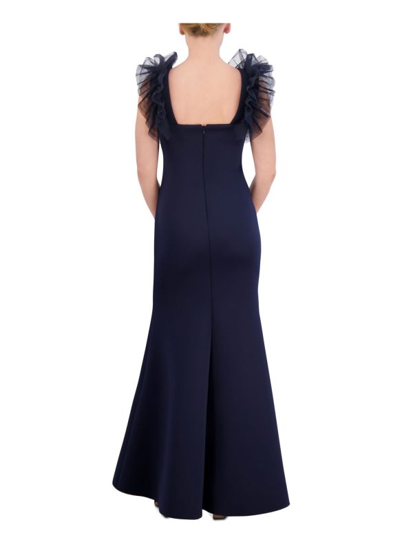 ELIZA J Womens Navy Fitted Zippered Ruffled Tulle Trim Lined Sleeveless V Neck Full-Length Evening Gown Dress Online Hot Sale