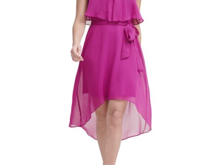 JESSICA HOWARD Womens Purple Zippered Sheer Tie Waist Popover Sleeveless Crew Neck Midi Evening Hi-Lo Dress Online Sale