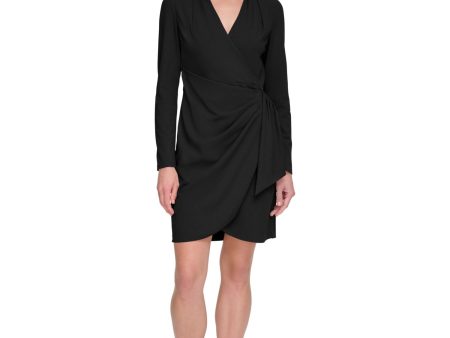 DKNY Womens Black Zippered Pleated Draped Skirt Long Sleeve Surplice Neckline Above The Knee Cocktail Faux Wrap Dress For Discount