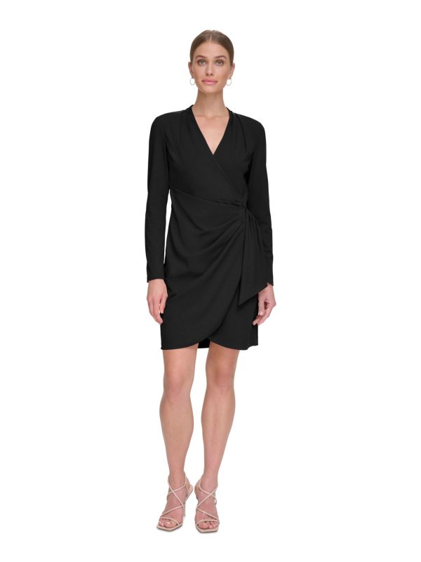 DKNY Womens Black Zippered Pleated Draped Skirt Long Sleeve Surplice Neckline Above The Knee Cocktail Faux Wrap Dress For Discount