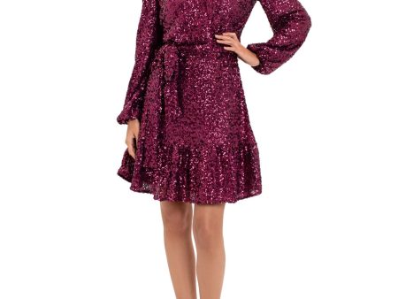 BETSY & ADAM Womens Burgundy Belted Lined Flounce Hem Pullover Blouson Sleeve Surplice Neckline Short Cocktail Fit + Flare Dress For Cheap