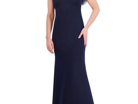 ELIZA J Womens Navy Fitted Zippered Ruffled Tulle Trim Lined Sleeveless V Neck Full-Length Evening Gown Dress Online Hot Sale