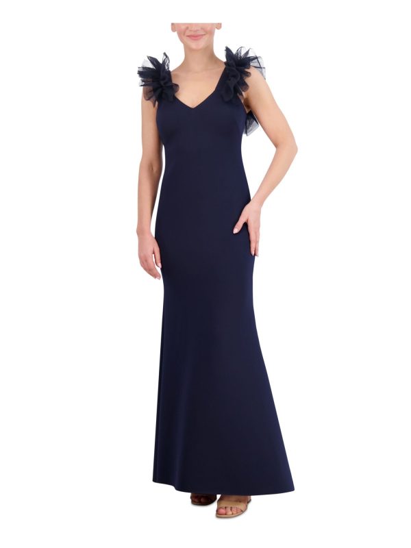 ELIZA J Womens Navy Fitted Zippered Ruffled Tulle Trim Lined Sleeveless V Neck Full-Length Evening Gown Dress Online Hot Sale