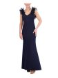 ELIZA J Womens Navy Fitted Zippered Ruffled Tulle Trim Lined Sleeveless V Neck Full-Length Evening Gown Dress Online Hot Sale