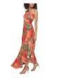 ELIZA J Womens Orange Ruched Zippered Asymmetric Flounce Hem Lined Floral Sleeveless Asymmetrical Neckline Full-Length Party Sheath Dress Cheap