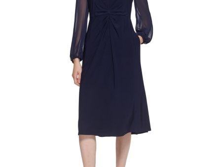 JESSICA HOWARD Womens Navy Ruched Zippered Lined Bodice Sheer Long Sleeve V Neck Below The Knee Fit + Flare Dress Supply