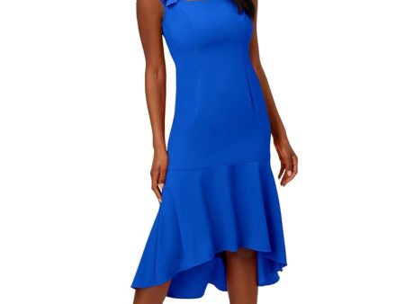 ADRIANNA PAPELL Womens Blue Ruffled Zippered Flounce Hem Lined Sleeveless Square Neck Midi Cocktail Hi-Lo Dress Fashion