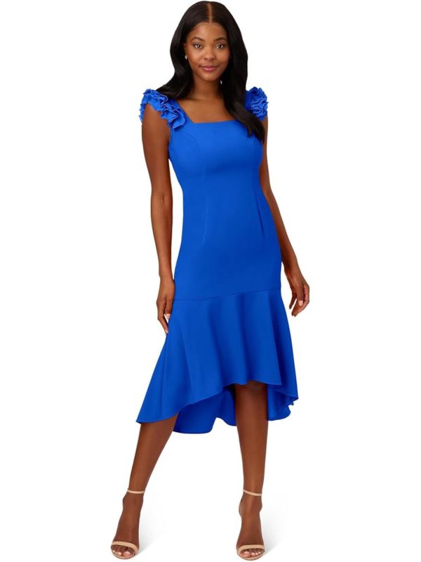 ADRIANNA PAPELL Womens Blue Ruffled Zippered Flounce Hem Lined Sleeveless Square Neck Midi Cocktail Hi-Lo Dress Fashion