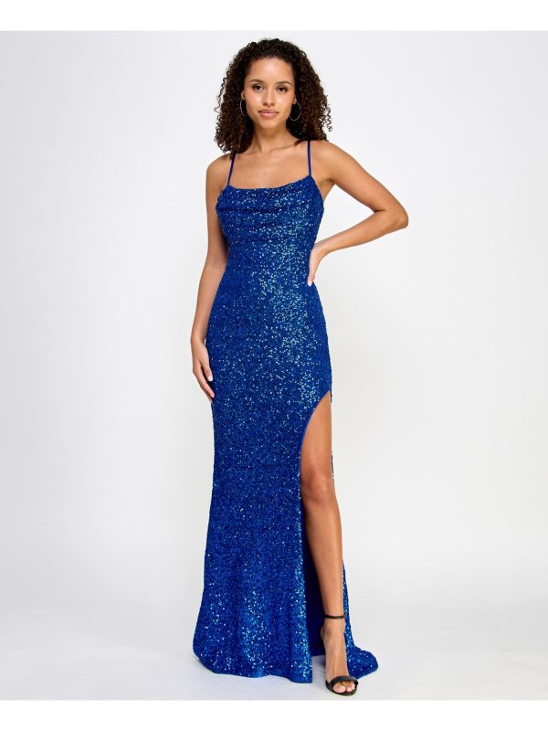 CRYSTAL DOLLS Womens Blue Zippered Lined Draped Neck High-slit Spaghetti Strap Full-Length Prom Gown Dress Online