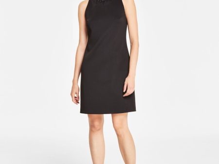 CALVIN KLEIN Womens Black Embellished Zippered Unlined Sleeveless Mock Neck Above The Knee Party Sheath Dress Cheap