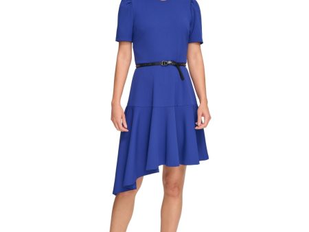 DKNY Womens Blue Zippered Belted Ruffled Asymmetric Hem Short Sleeve Round Neck Below The Knee Party Sheath Dress Online