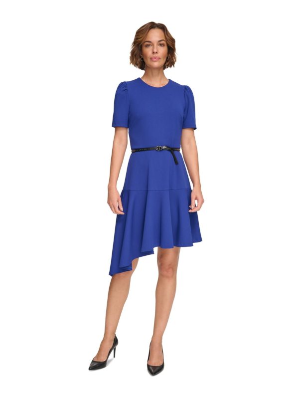 DKNY Womens Blue Zippered Belted Ruffled Asymmetric Hem Short Sleeve Round Neck Below The Knee Party Sheath Dress Online