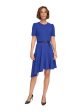 DKNY Womens Blue Zippered Belted Ruffled Asymmetric Hem Short Sleeve Round Neck Below The Knee Party Sheath Dress Online