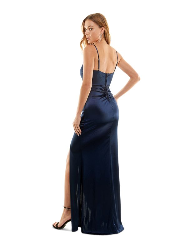 EMERALD SUNDAE Womens Navy Pleated Zippered Ruched Back Slitted Spaghetti Strap Square Neck Full-Length Formal Gown Dress Fashion