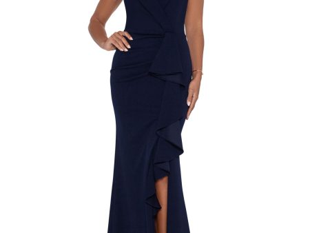 BETSY & ADAM Womens Navy Slitted Zippered Cascade Ruffle Runs Small Crosso Sleeveless Collared Full-Length Evening Gown Dress Online