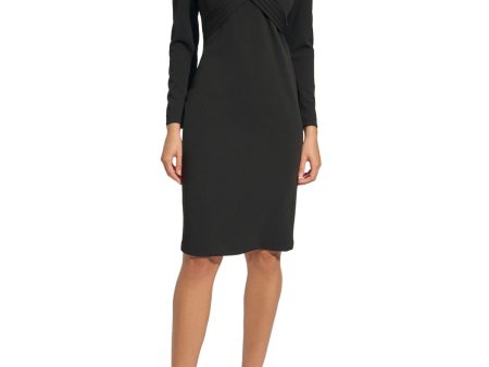 CALVIN KLEIN Womens Black Pleated Zippered Back Split Hem Long Sleeve V Neck Knee Length Party Sheath Dress Online Sale