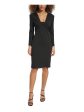 CALVIN KLEIN Womens Black Pleated Zippered Back Split Hem Long Sleeve V Neck Knee Length Party Sheath Dress Online Sale