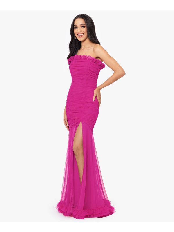 BLONDIE NITES Womens Pink Mesh Ruched Zippered Ruffled High-slit Lined Sleeveless Strapless Full-Length Prom Mermaid Dress Online Sale