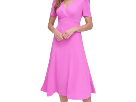 DKNY Womens Pink Pleated Zippered Lined Pouf Sleeve Surplice Neckline Midi Party Empire Waist Dress For Discount