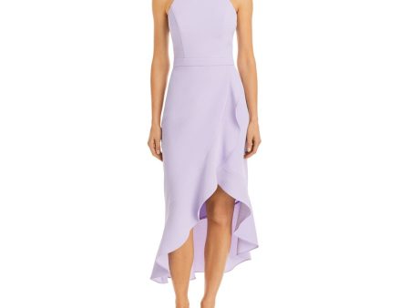 AQUA FORMAL Womens Purple Zippered Ruffled Tulip Hi-lo Hem Sleeveless Halter Midi Cocktail Sheath Dress Supply