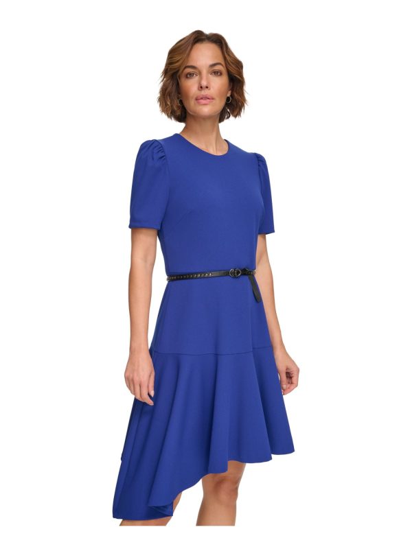 DKNY Womens Blue Zippered Belted Ruffled Asymmetric Hem Short Sleeve Round Neck Below The Knee Party Sheath Dress Online