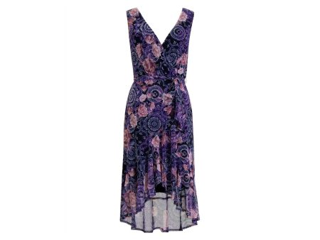 CONNECTED APPAREL Womens Slitted Printed Sleeveless Surplice Neckline Midi Hi-Lo Dress For Discount