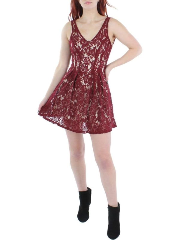 CITY STUDIO Womens Burgundy Zippered Lined Sleeveless V Neck Mini Party Fit + Flare Dress Online