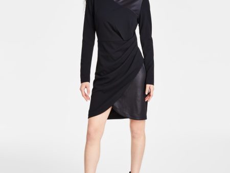 DKNY Womens Black Zippered Cut Out Glazed Jersey Pleated Long Sleeve Crew Neck Short Cocktail Sheath Dress Online now