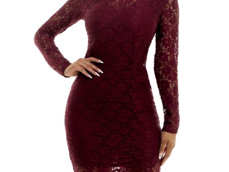 BEBE Womens Burgundy Ruched Tie Lined Pullover Long Sleeve Round Neck Above The Knee Party Body Con Dress Online