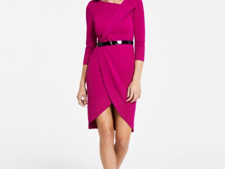 CALVIN KLEIN Womens Pink Zippered Unlined Belted Bottom Wrap Hi-lo 3 4 Sleeve Asymmetrical Neckline Above The Knee Wear To Work Sheath Dress Fashion