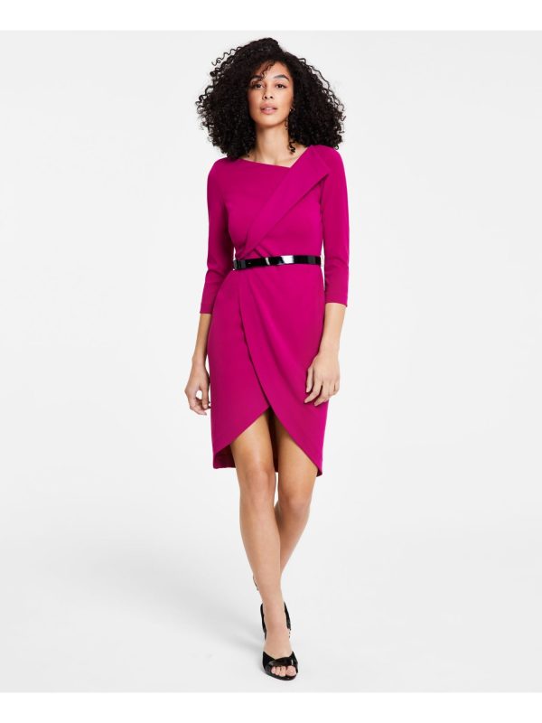 CALVIN KLEIN Womens Pink Zippered Unlined Belted Bottom Wrap Hi-lo 3 4 Sleeve Asymmetrical Neckline Above The Knee Wear To Work Sheath Dress Fashion