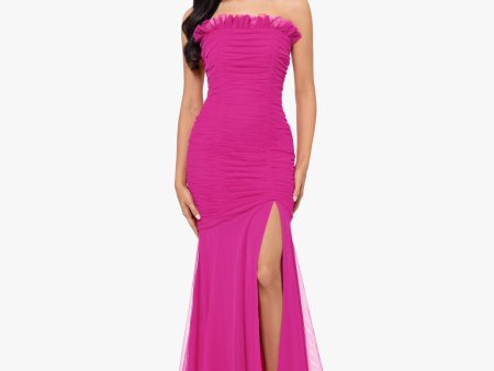 BLONDIE NITES Womens Pink Mesh Ruched Zippered Ruffled High-slit Lined Sleeveless Strapless Full-Length Prom Mermaid Dress Online Sale