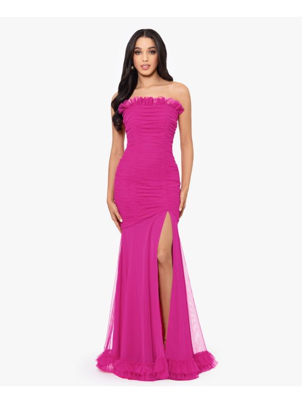 BLONDIE NITES Womens Pink Mesh Ruched Zippered Ruffled High-slit Lined Sleeveless Strapless Full-Length Prom Mermaid Dress Online Sale