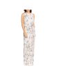 AIDAN MATTOX Womens Beige Textured Zippered Tie Waist Column Lined Floral Sleeveless Jewel Neck Full-Length Party Gown Dress Fashion