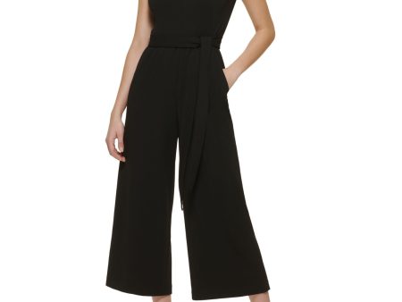 CALVIN KLEIN Womens Black Zippered Pocketed Ruffled Belted Wide Legg Cap Sleeve V Neck Party Cropped Jumpsuit Online Sale