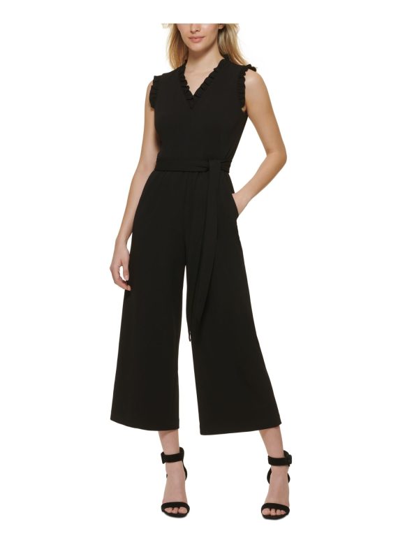 CALVIN KLEIN Womens Black Zippered Pocketed Ruffled Belted Wide Legg Cap Sleeve V Neck Party Cropped Jumpsuit Online Sale