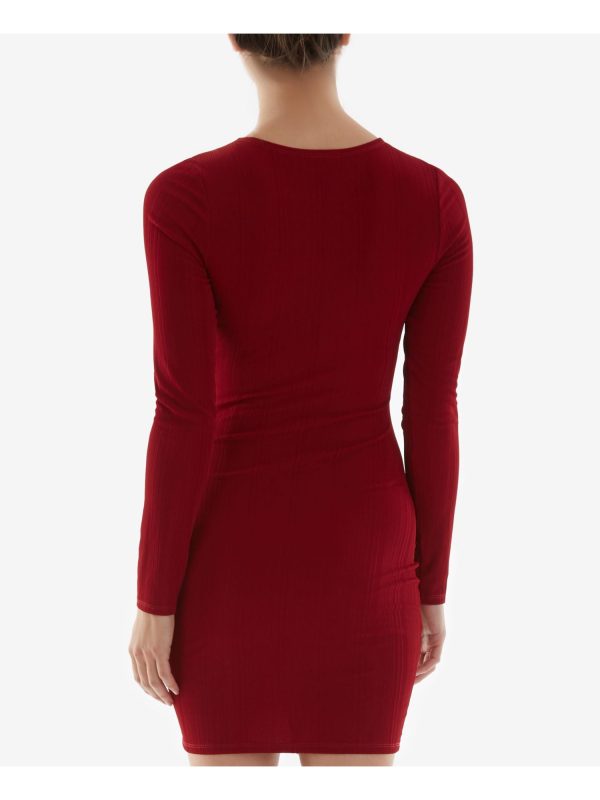 BCX DRESS Womens Red Ribbed Tie Adjustable Ruching Center Front Long Sleeve V Neck Short Party Body Con Dress Online now