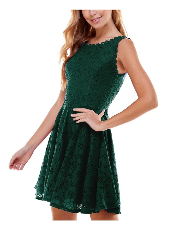 CITY STUDIO Womens Green Zippered Lined Scalloped Lace Trim Sleeveless Boat Neck Short Party Fit + Flare Dress Online Sale