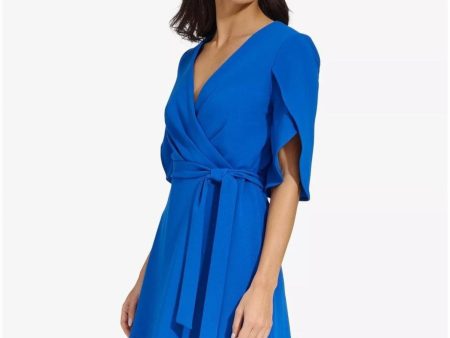 DKNY Womens Blue Pleated Zippered Self-tie Belt Flounce Hem Tulip Sleeve Surplice Neckline Above The Knee Wear To Work Fit + Flare Dress For Cheap