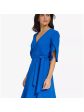 DKNY Womens Blue Pleated Zippered Self-tie Belt Flounce Hem Tulip Sleeve Surplice Neckline Above The Knee Wear To Work Fit + Flare Dress For Cheap