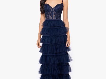 BLONDIE NITES Womens Navy Mesh Zippered Lined Boned Corset Bodice Tiered Skirt Spaghetti Strap V Neck Full-Length Prom Fit + Flare Dress Fashion